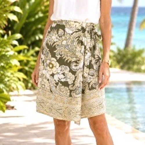 Escada 1990s Vintage Olive Green Grecian Floral Silk Elastic Wrap Skirt - 38/4